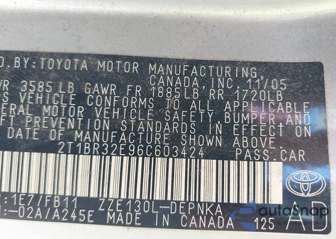 2006 Toyota Corolla Le z USA, uszkodzony, nr VIN 2T1BR32E96C603424